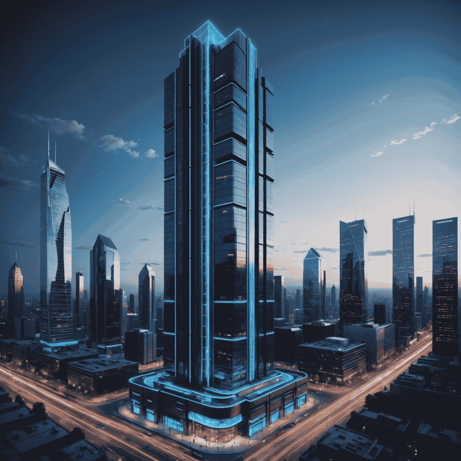 A futuristic 3D rendering of a skyscraper with neon blue accents, showcasing advanced architectural visualization software