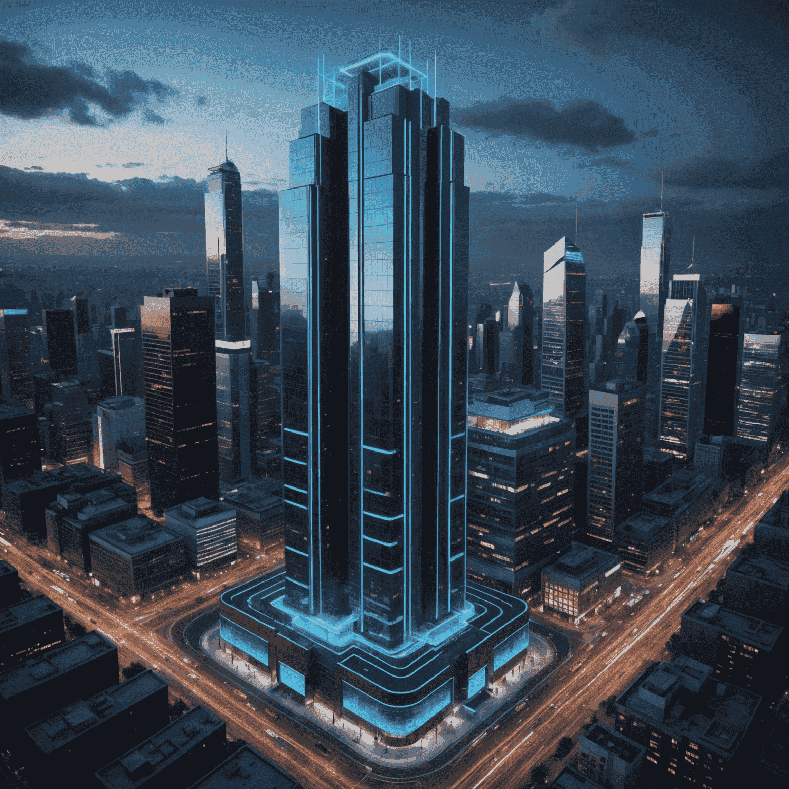 A futuristic 3D rendering of a skyscraper with neon blue accents, showcasing advanced architectural software capabilities