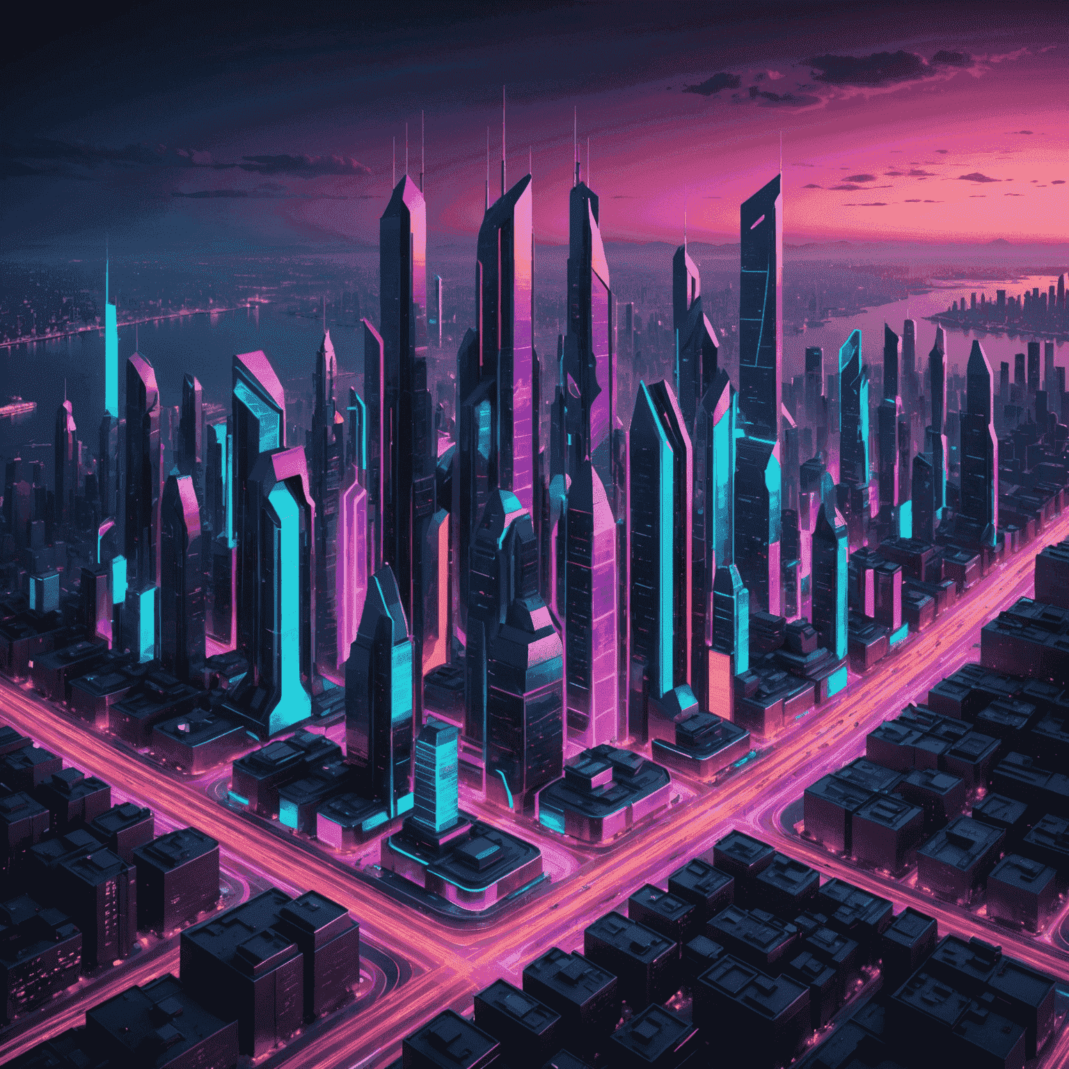 Futuristic cityscape rendered in neon colors, showcasing advanced 3D architectural visualization