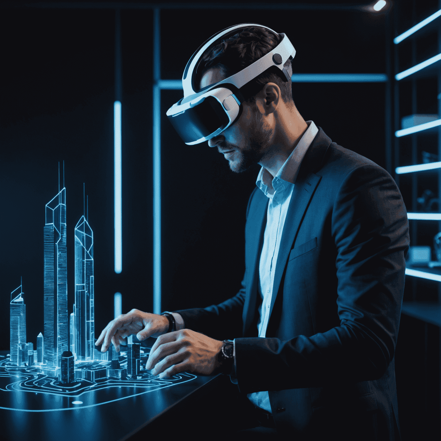 An architect wearing VR headset, manipulating a 3D model of a futuristic skyscraper with neon blue outlines against a dark background