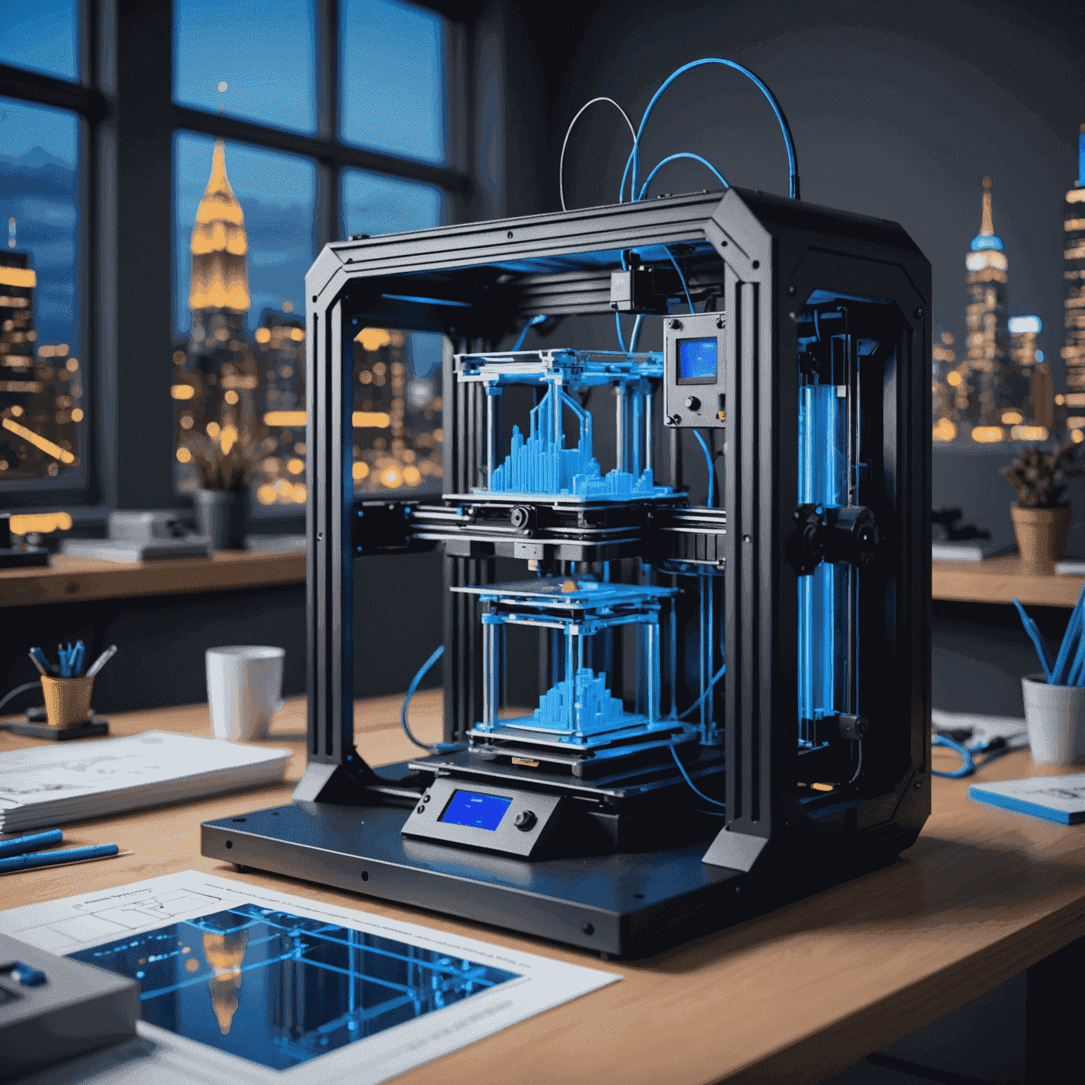 3D printer constructing a small-scale building model with neon blue filament, surrounded by architectural blueprints and a futuristic cityscape in the background