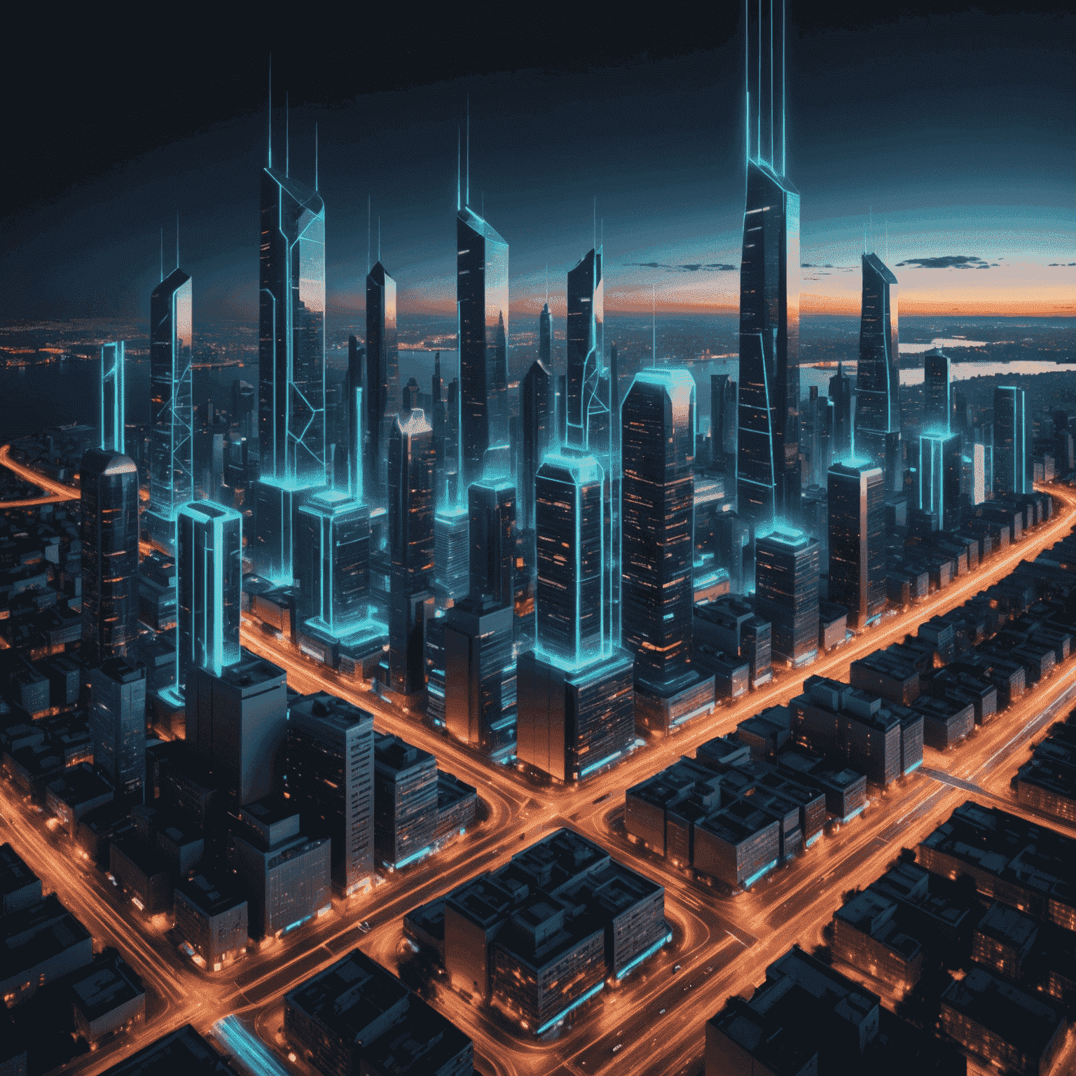 A futuristic cityscape with glowing neon lines representing digital twin technology overlaying buildings and infrastructure