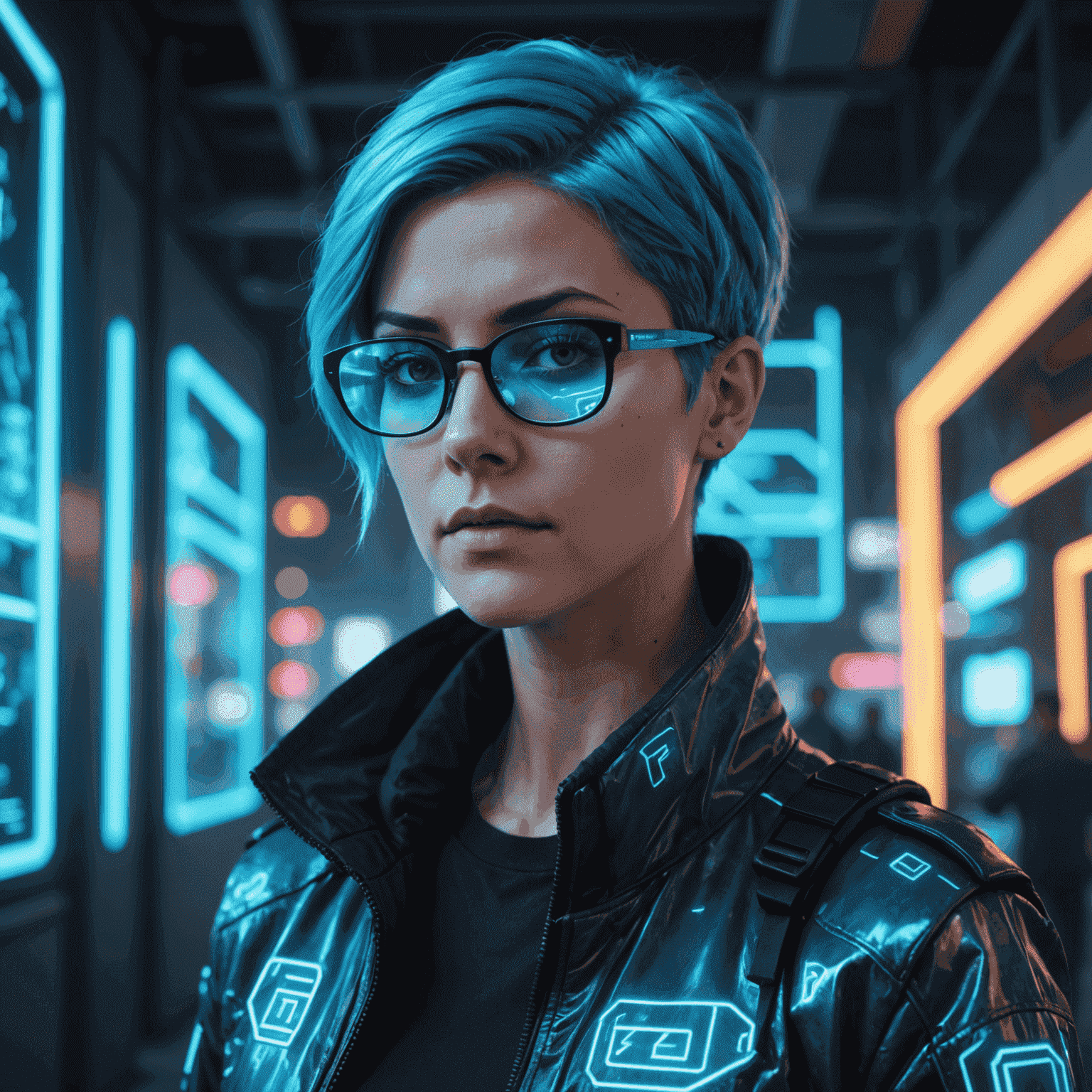 Portrait of Jane Doe, a woman with short neon blue hair and cyberpunk-style glasses, standing in front of a holographic 3D building model