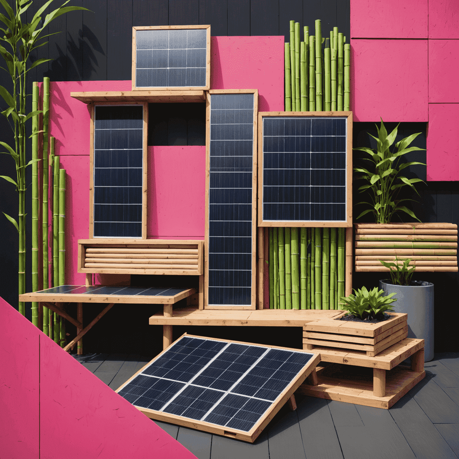 A collage of eco-friendly building materials with neon pink highlights, showcasing bamboo, recycled steel, and solar panels