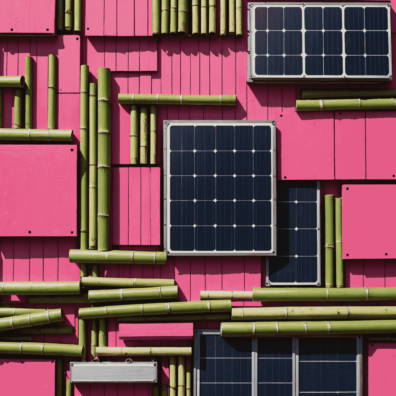 A collage of eco-friendly building materials with neon pink highlights, showcasing bamboo, recycled steel, and solar panels