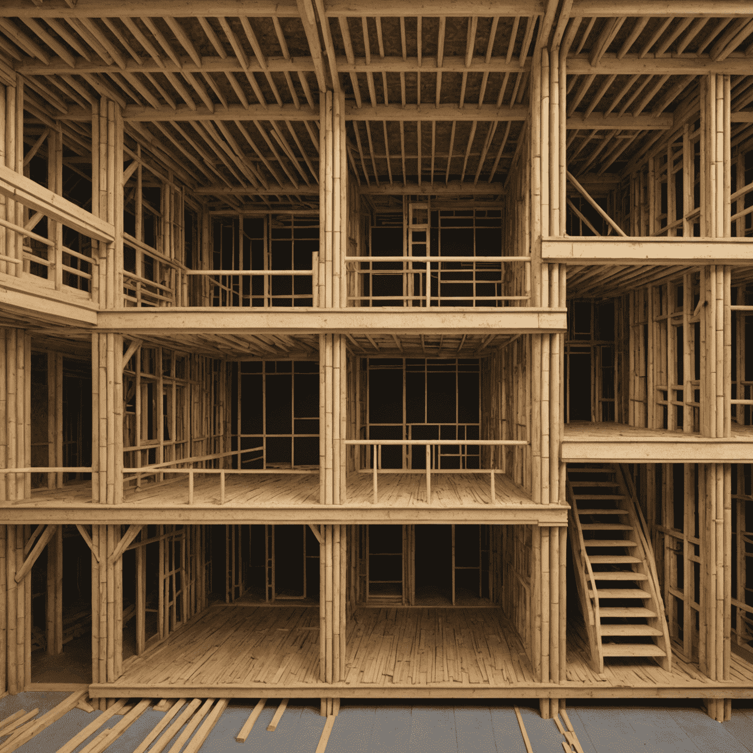 Cross-section of a building showing mycelium insulation and bamboo structural elements, created in SketchUp with neon highlighting