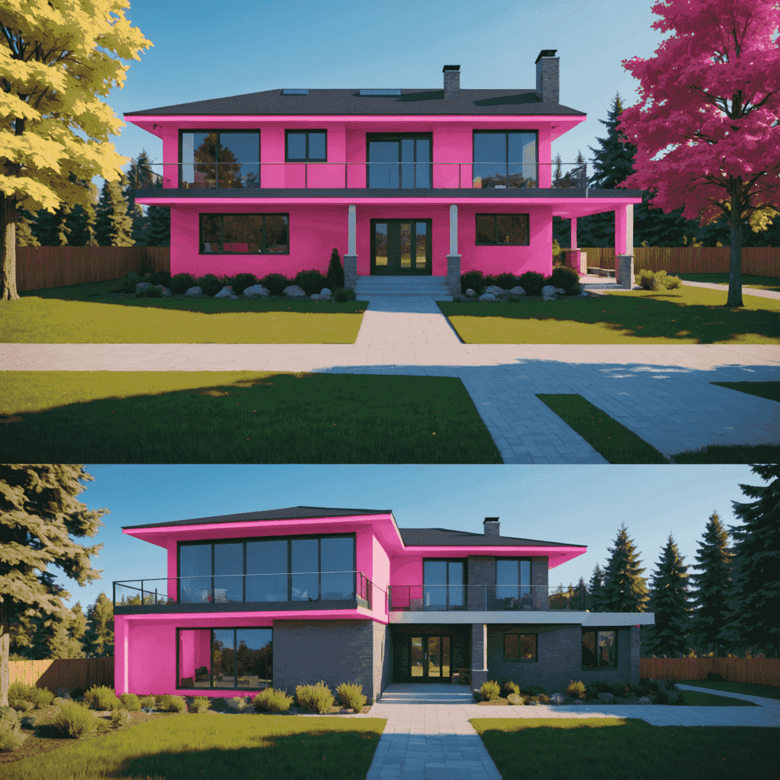 A split-screen image: on the left, a traditional 2D blueprint of a modern house; on the right, the same house in a vibrant VR environment with neon pink highlights