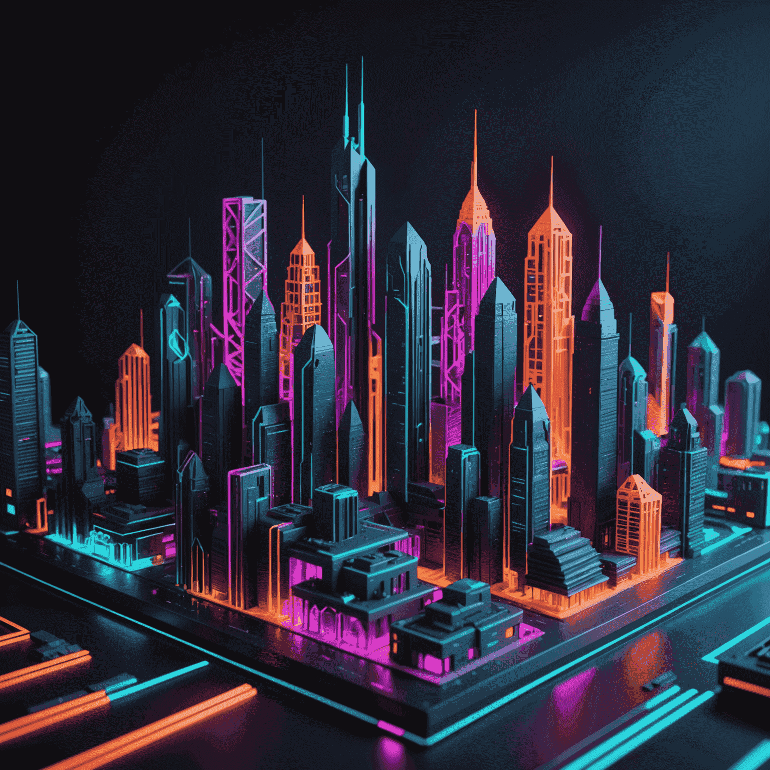 Futuristic cityscape with various 3D-printed buildings in neon colors, showcasing unique geometries and sustainable design features