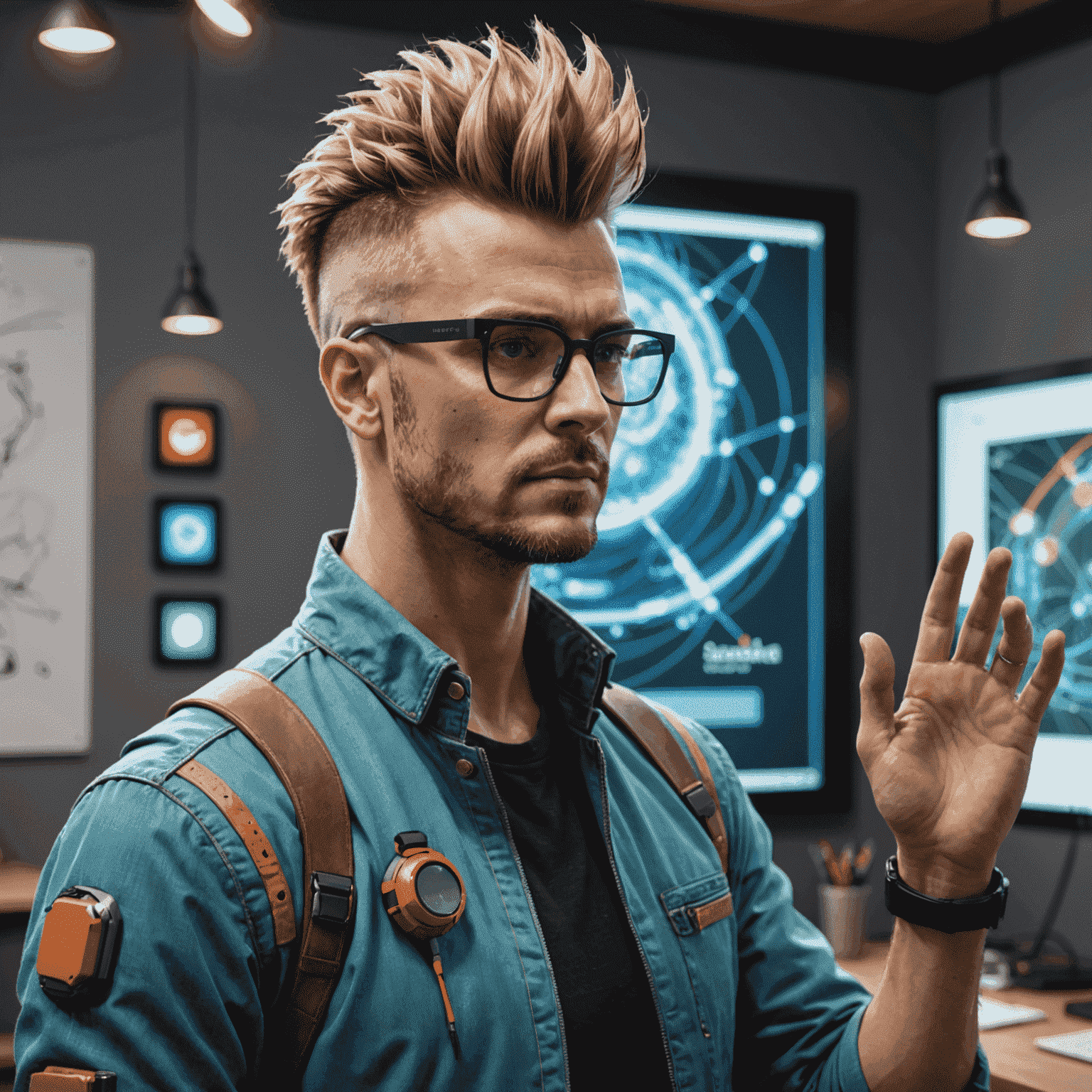 Portrait of John Smith, a man with a futuristic mohawk hairstyle, wearing AR glasses and interacting with a floating 3D SketchUp model