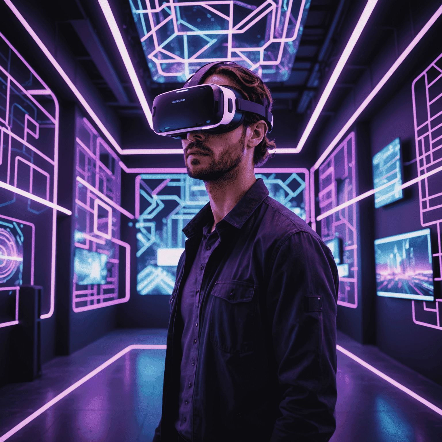 An architect wearing a VR headset, surrounded by holographic building designs with neon purple glow