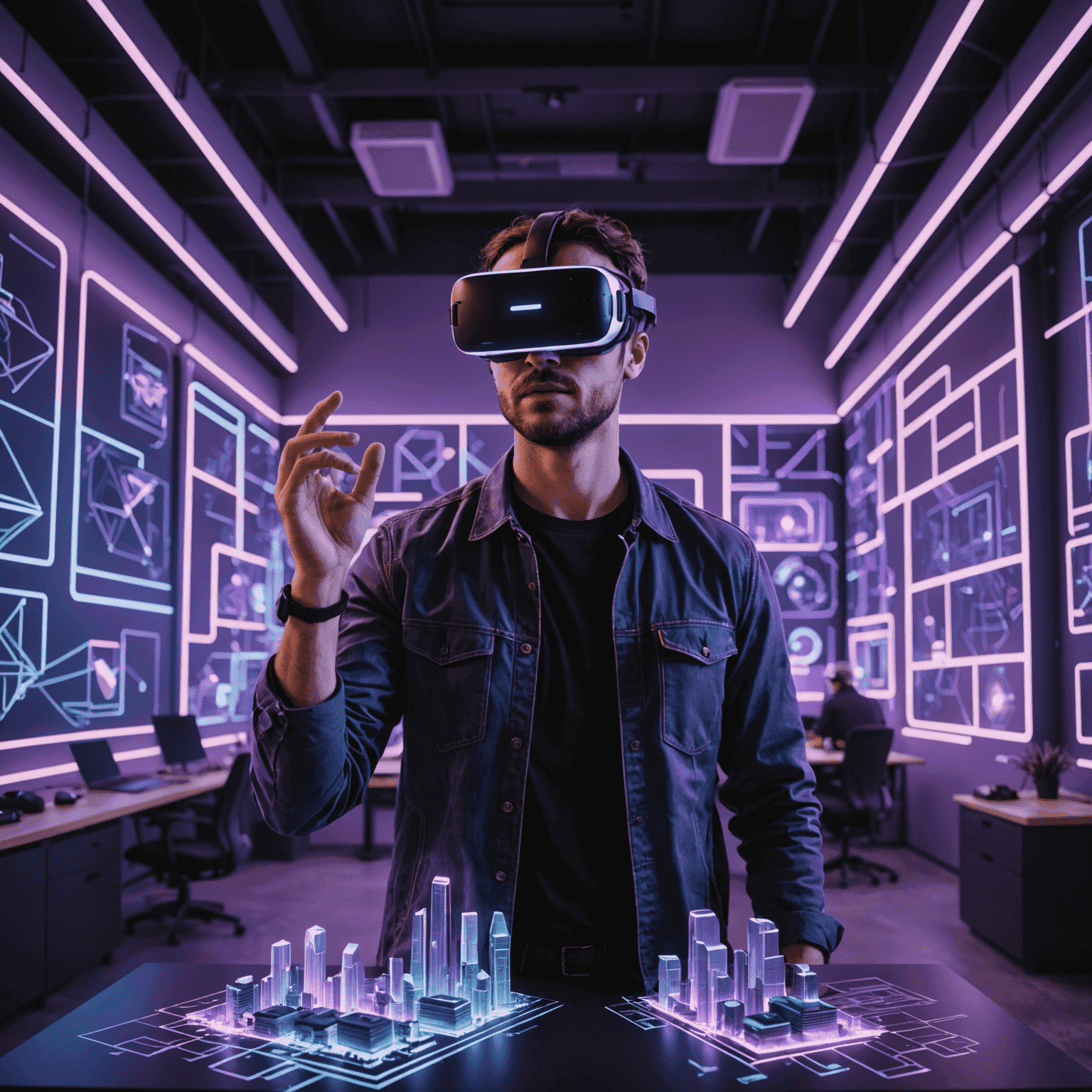 An architect wearing a VR headset, surrounded by holographic building designs in neon purple