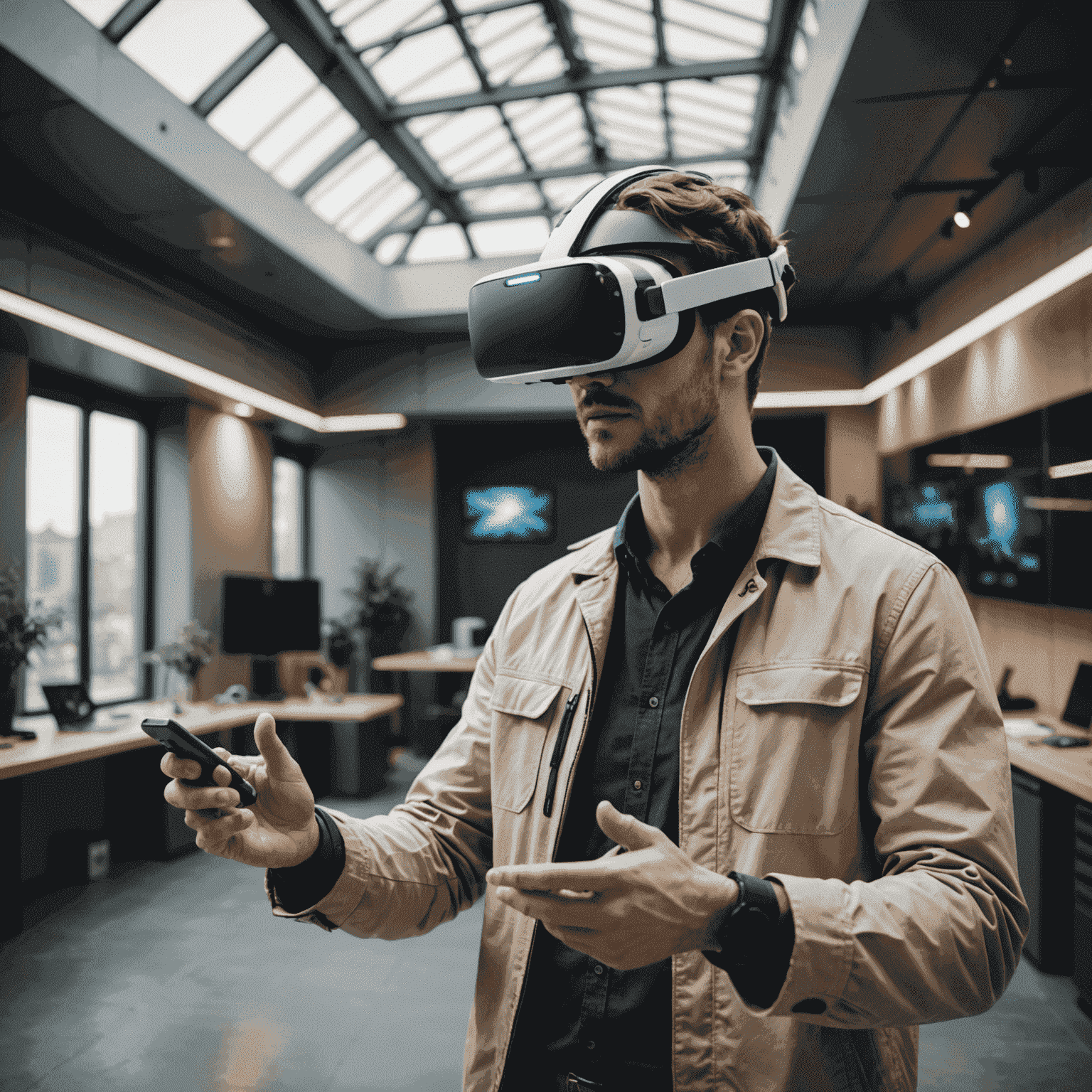 Architect using VR headset to interact with a 3D model of a futuristic building interior