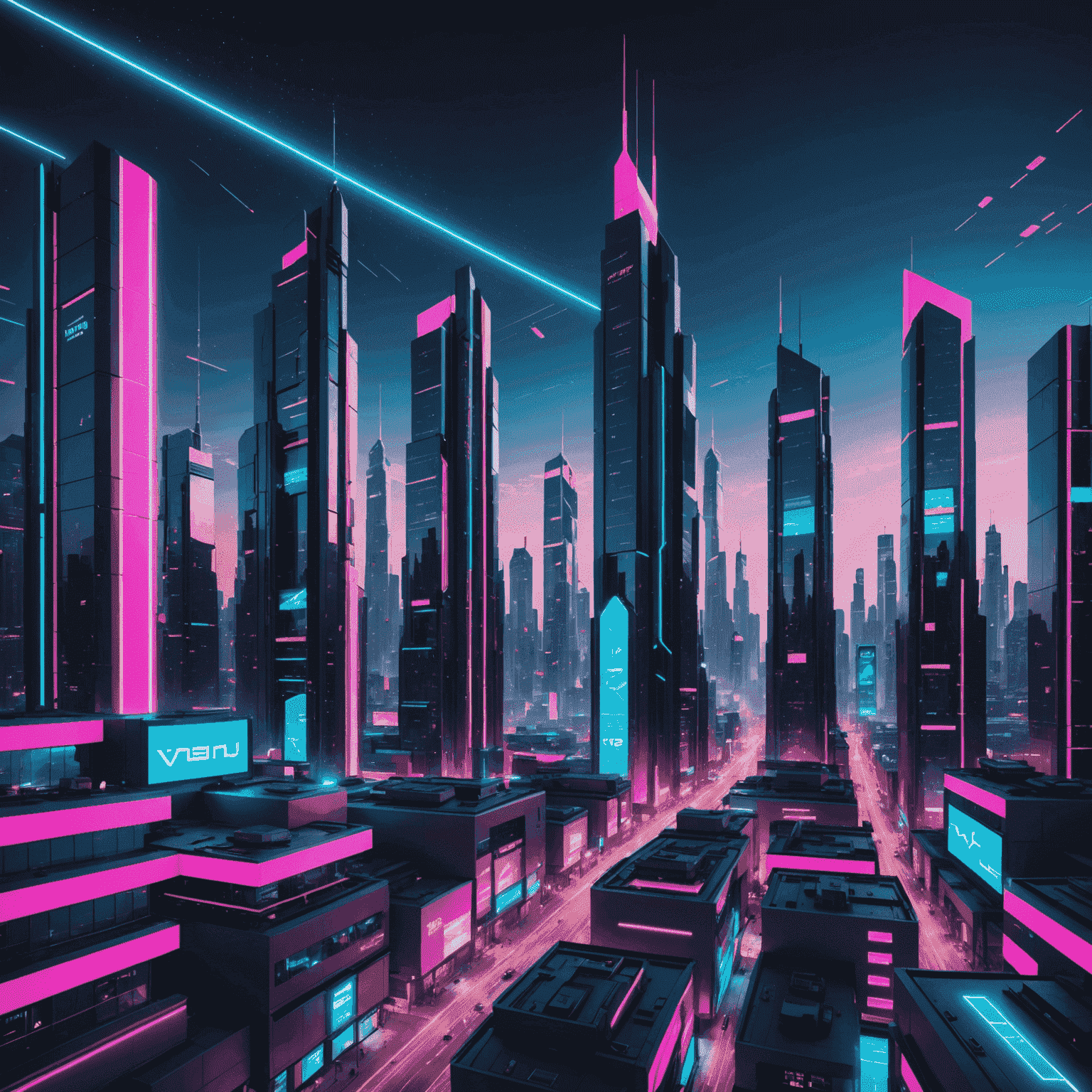 A futuristic cityscape with buildings designed using VR technology, featuring neon blue and pink accents against a night sky