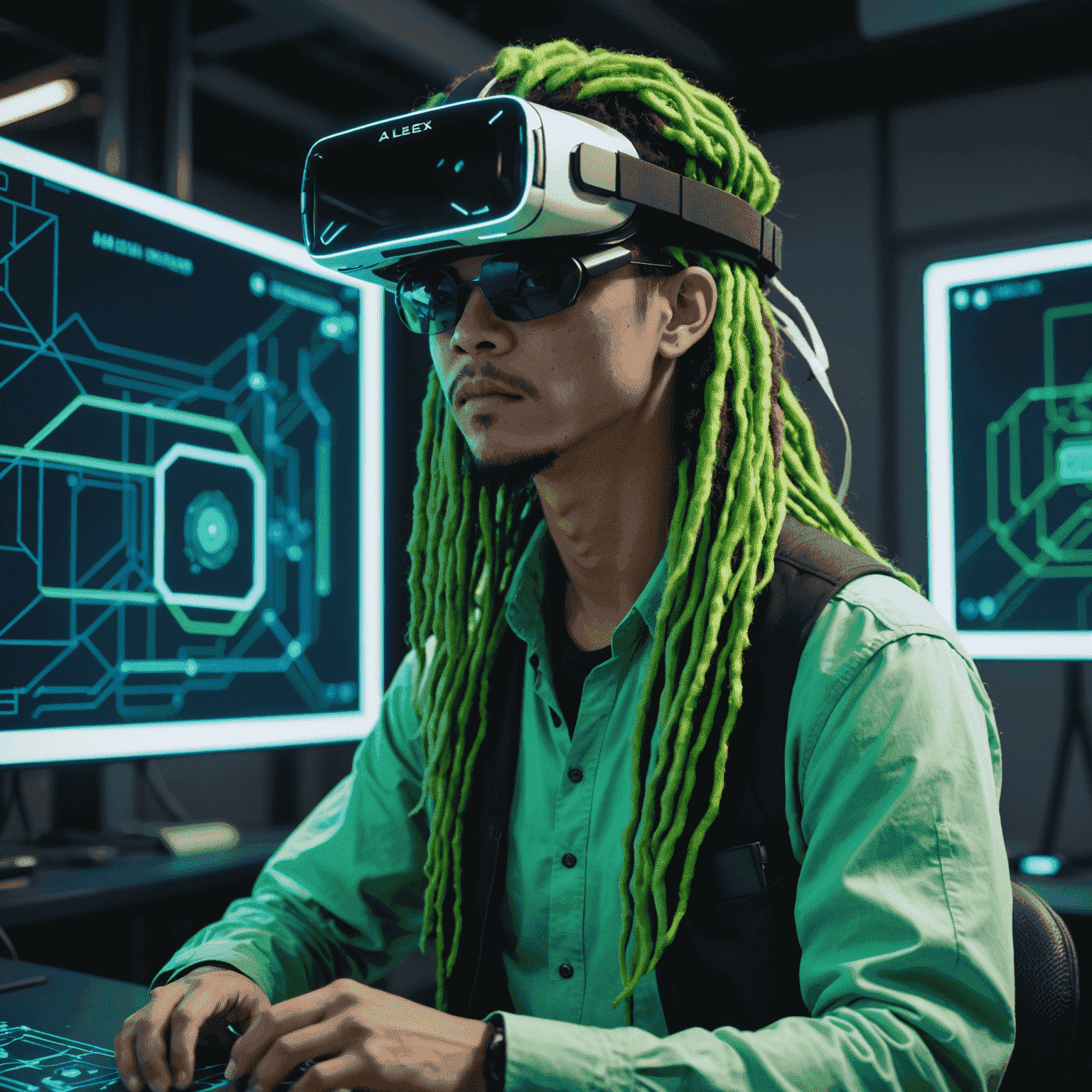 Portrait of Alex Chen, a person with long, neon green dreadlocks, wearing a VR headset and manipulating a holographic architectural blueprint