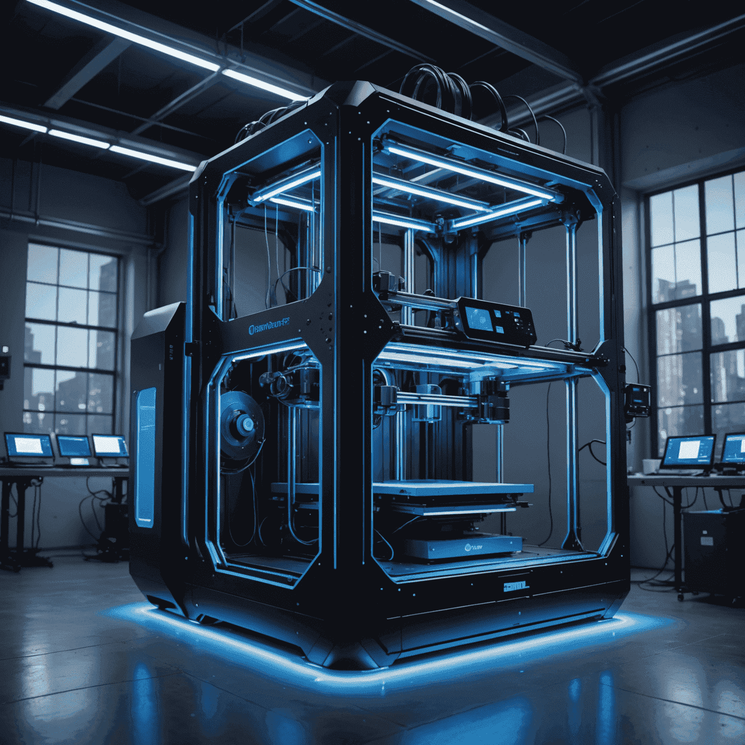 A large-scale 3D printer constructing a futuristic building, with neon blue light trails showing the printing process