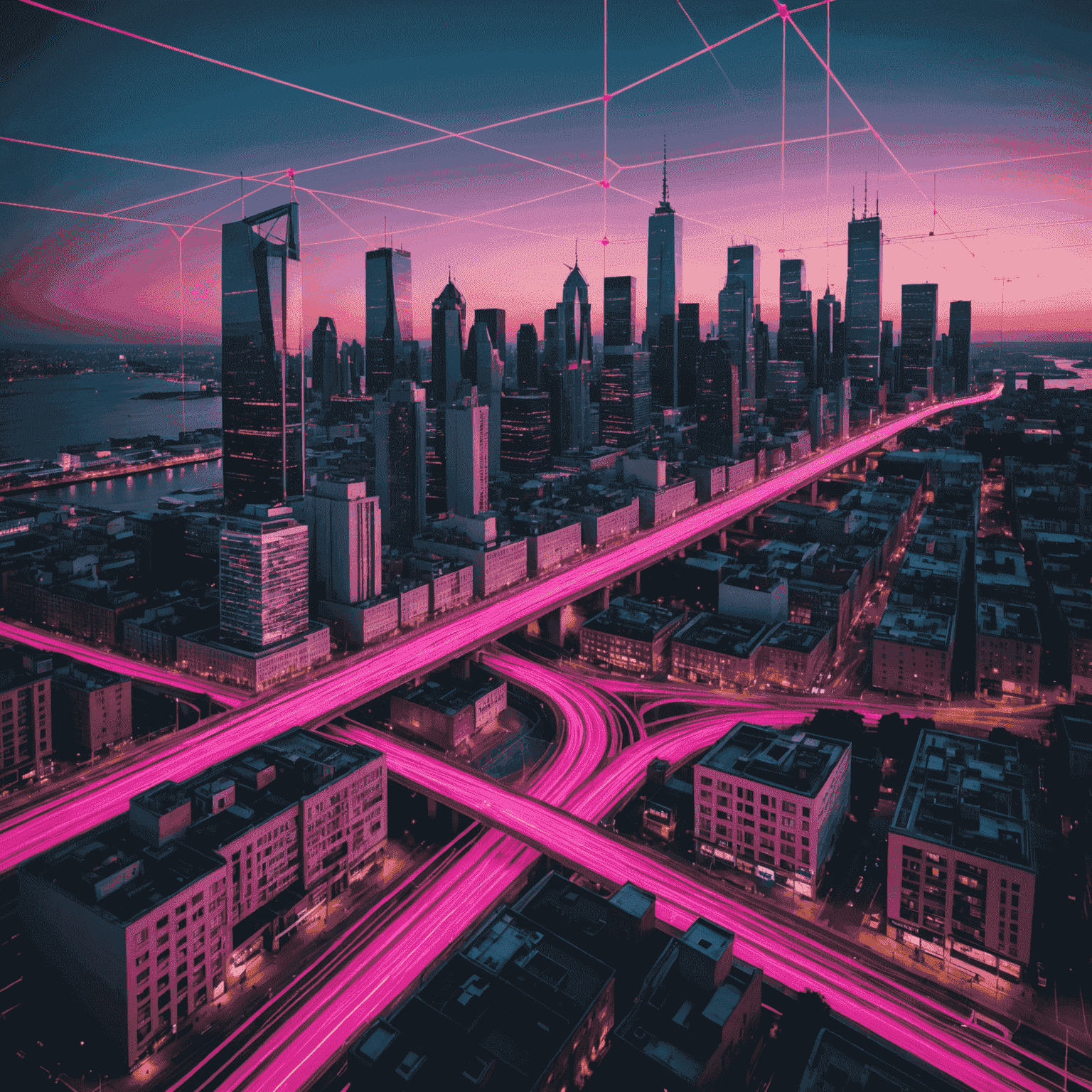 A split-screen image showing a real city on one side and its digital twin on the other, with neon pink connection lines